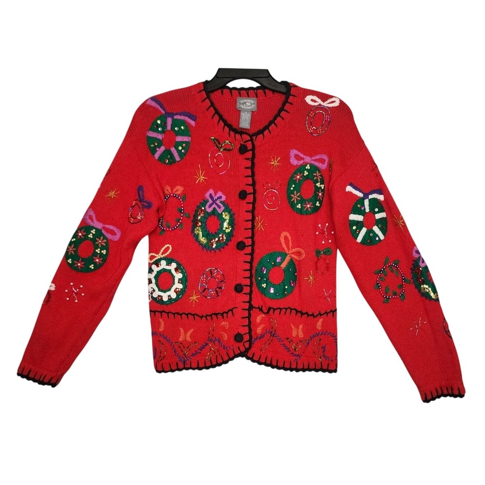 Designers Originals Womens Small Red Wreath Beaded Ugly Christmas Sweater